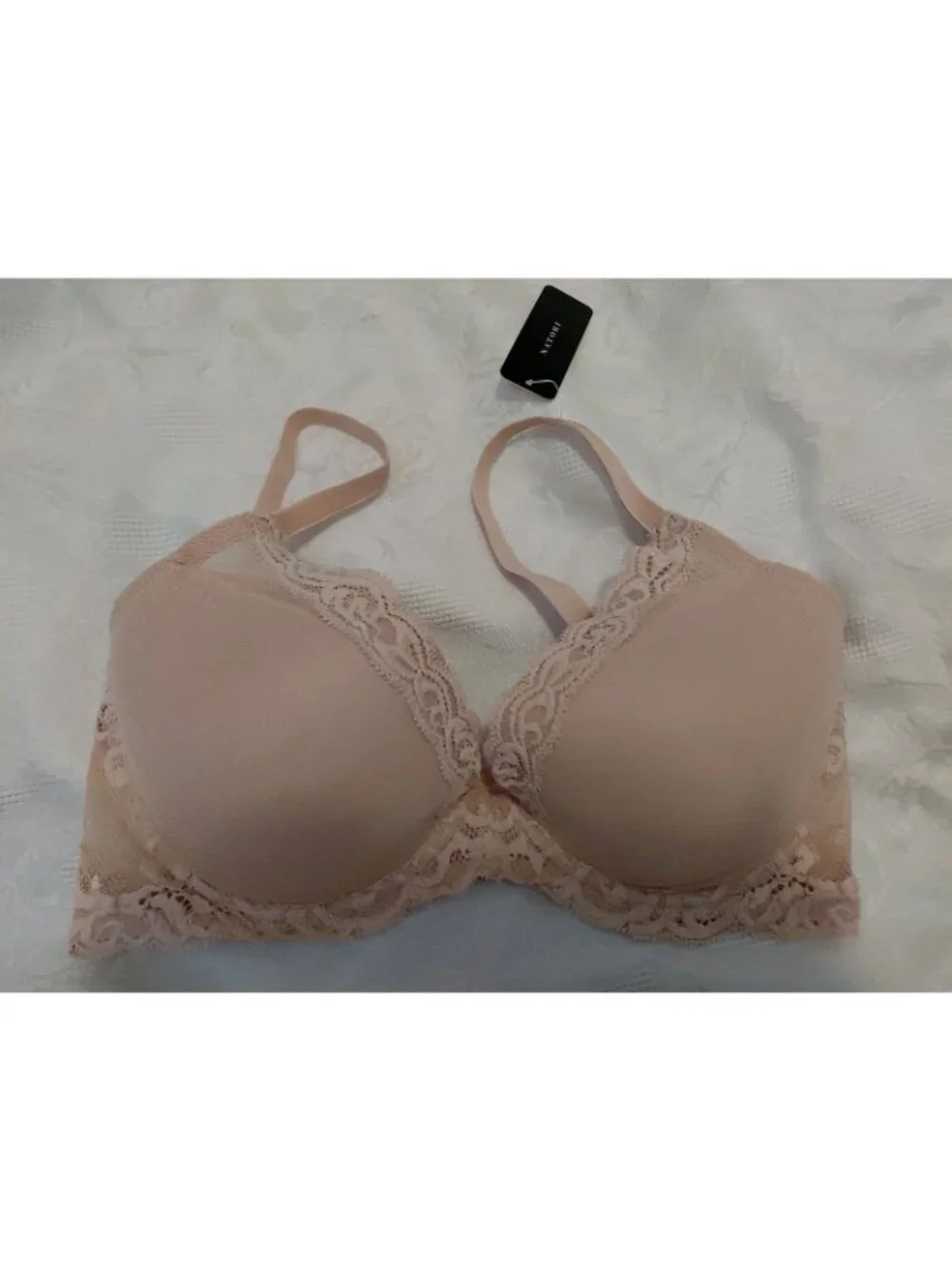 Natori Feather Contour Plunge Bra Lace Trim Nude 36 D NWT